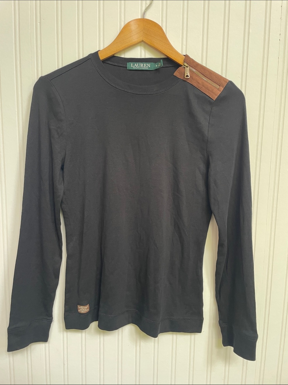 Ralph Lauren Black Long-Sleeve Crewneck with Brown Shoulder Zip Suede Trim Sz M